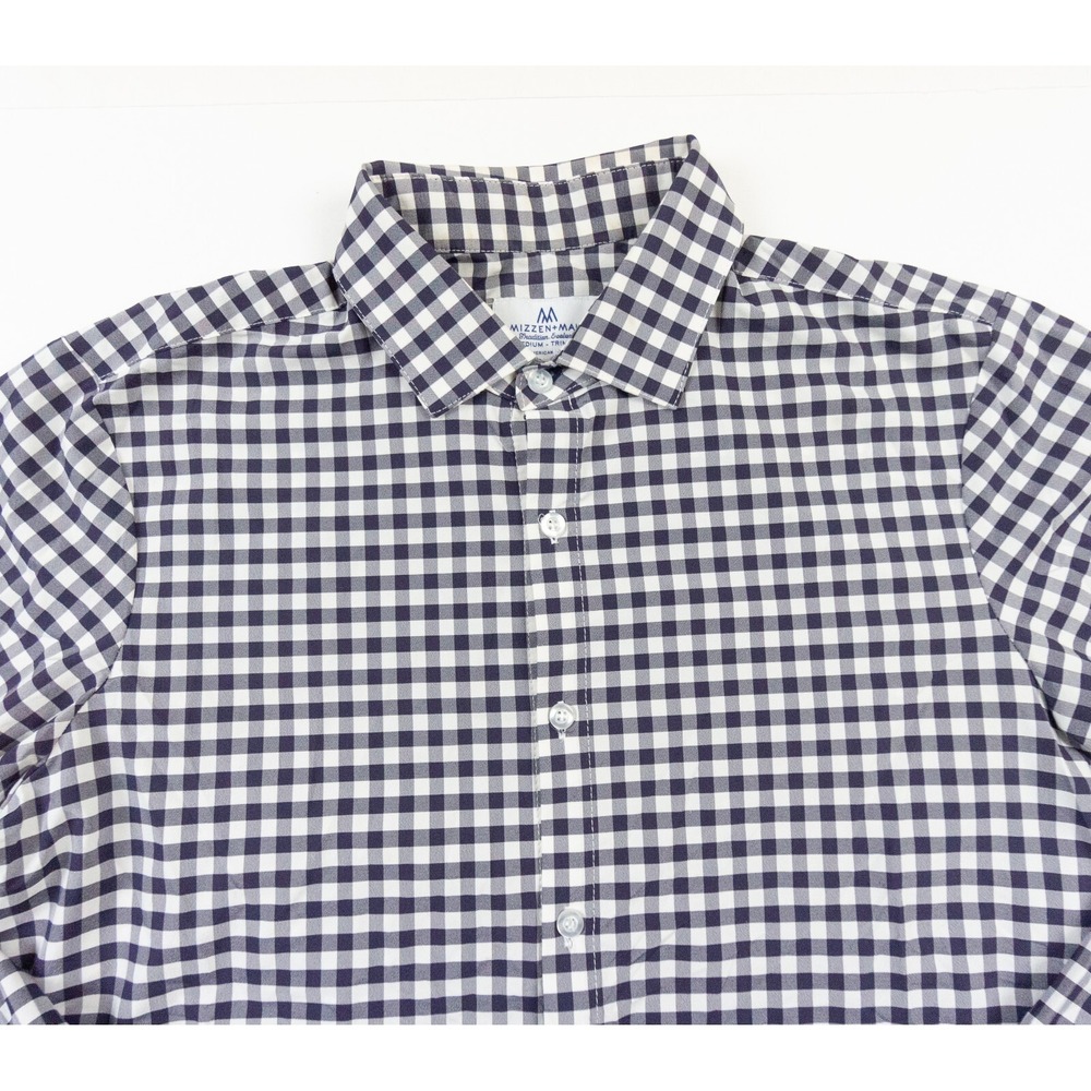 Mizzen Main Shirt Mens Medium Blue Button Down Collared Trim Fit Stretch Check - Picture 2 of 11